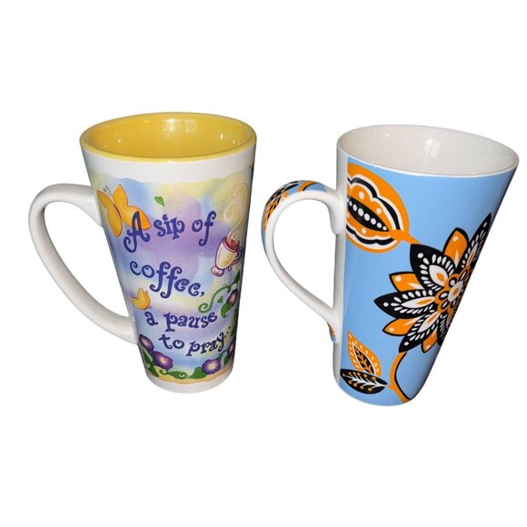 Abbey Press Tall Ceramic Mugs Set Of 2 With Floral Designs - Picture 1 of 14